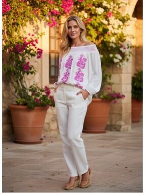 International Concepts White & Pink Embroidered Off-Shoulder Blouse Size M